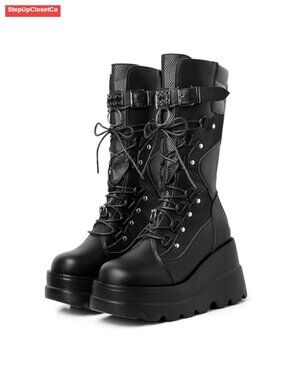 Goth Platform Combat Boots Vegan PU Leather Faux Suede Lace-Up Mid-Calf